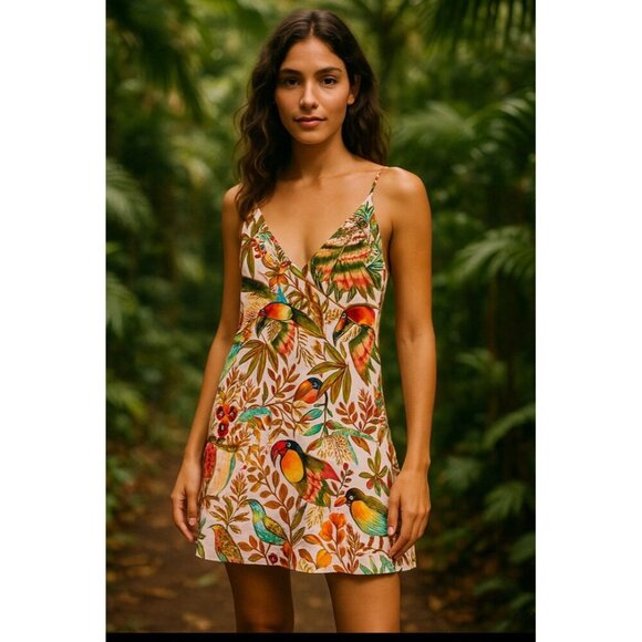 Farm Rio Dress Womens Small Into The Jungle Mini Parrot Bird Linen Viscose New - Picture 1 of 9